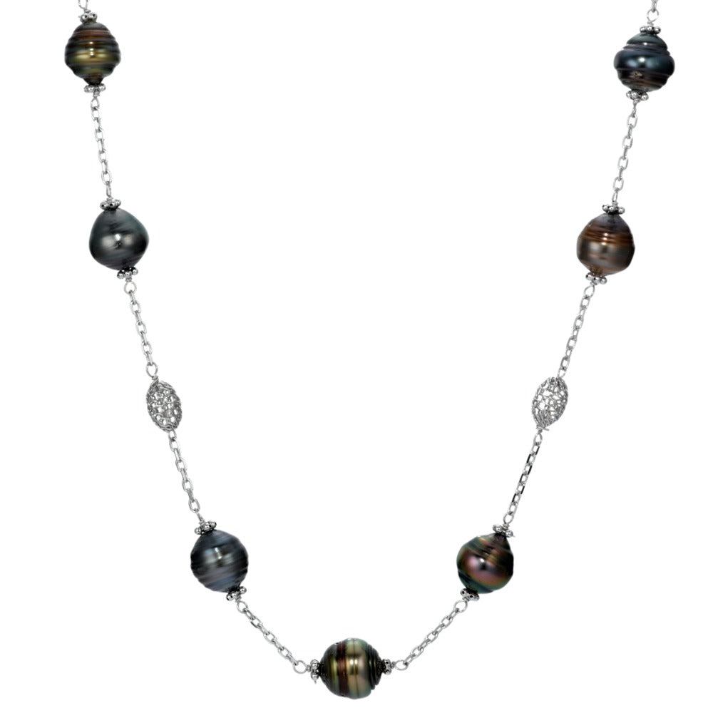 Collier Argent Rhodié perle de Tahiti gris 10-11 mm 68 cm