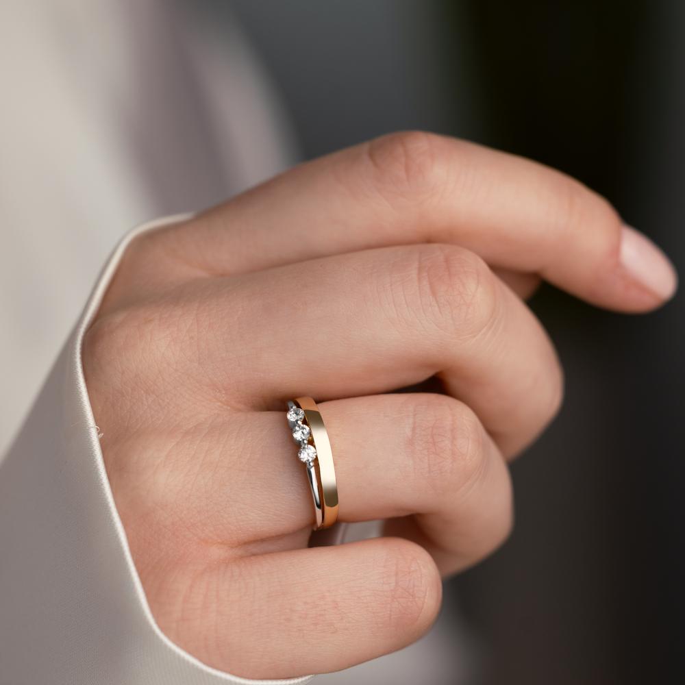 Fingerring 375/9 K Gelbgold, 375/9 K Weissgold Zirkonia 3 Steine bicolor