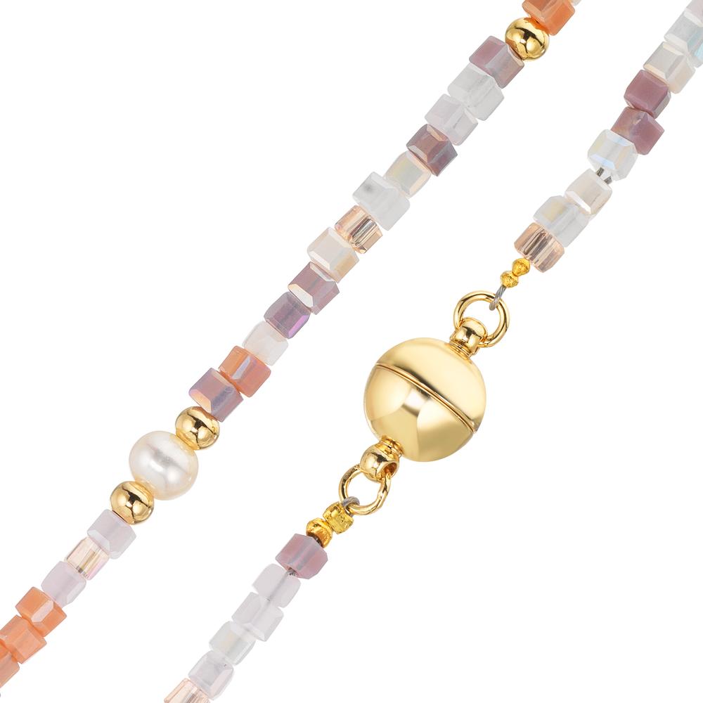 Collier Acier inoxydable Cristal rose jaune PVD perle d'eau douce, 5 Perles 4-4.5 mm 43 cm