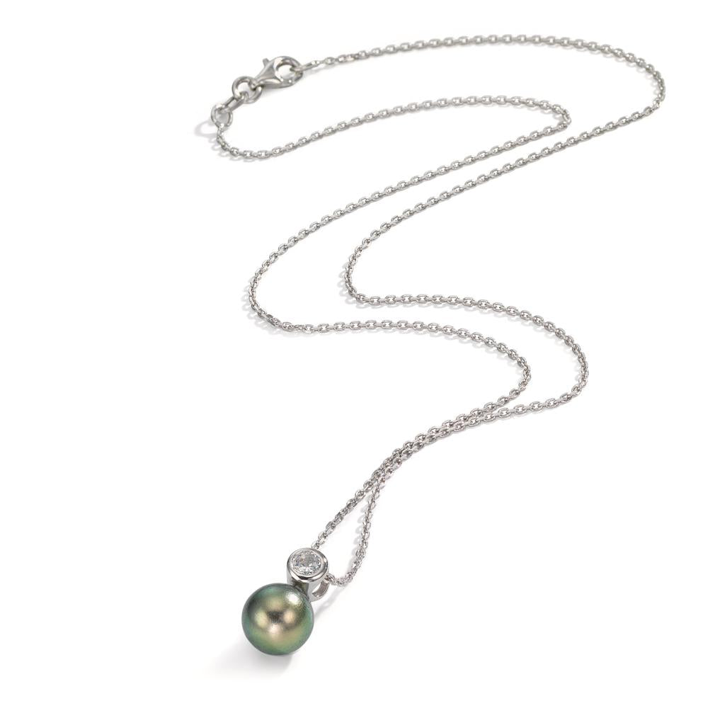 Collier Argent Zircone Rhodié perle de Tahiti 8-9 mm 45 cm