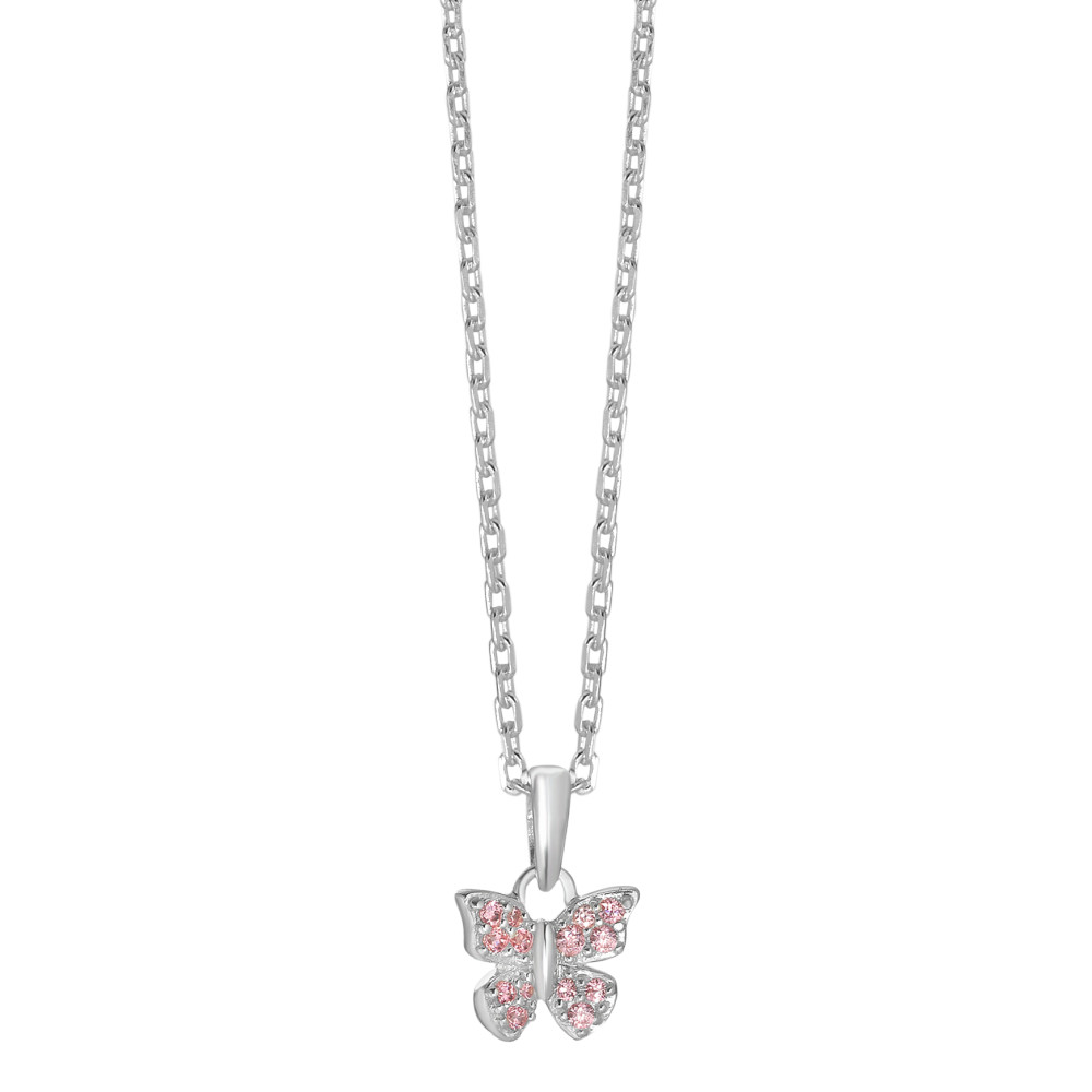 Halskette mit Anhänger Silber Zirkonia rosa, 14 Steine Schmetterling 36-38 cm verstellbar Ø9 mm-583908
