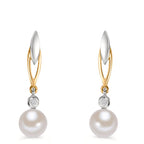 Pendant d'oreilles Or jaune 9K Diamant 0.01 ct, 2 Pierres, w-si perle d'eau douce blanc, 2 Perles 6-6.5 mm