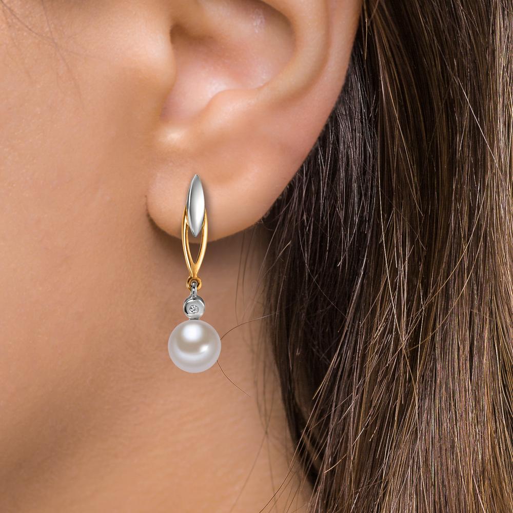 Pendant d'oreilles Or jaune 9K Diamant 0.01 ct, 2 Pierres, w-si perle d'eau douce blanc, 2 Perles 6-6.5 mm