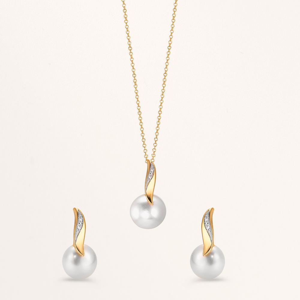 Chaînette avec pendentif Or jaune 18K, Or blanc 18K Diamant blanc, 0.01 ct, 2 Pierres, brillant, w-si perle d'eau douce blanc, 10 mm 40-42 cm