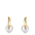 Clous d'oreilles Or jaune 18K Diamant blanc, 0.10 ct, 2 Pierres, brillant, w-si perle d'eau douce blanc, 2 Perles, 7 mm