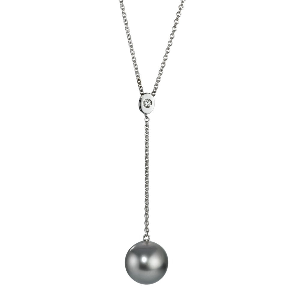 Collier Or blanc 18K Diamant 0.09 ct, w-si perle de Tahiti gris 9.5-10 mm 42-45 cm