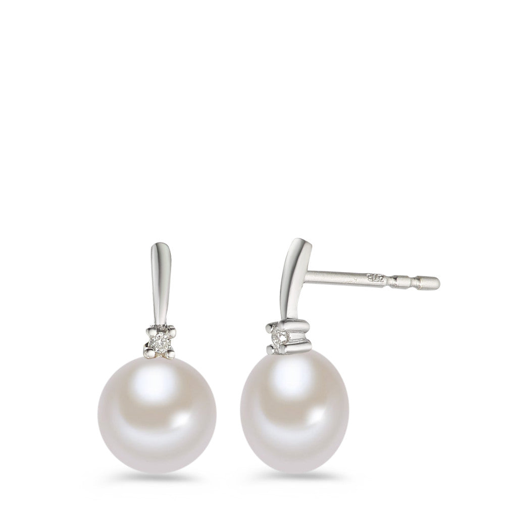 Clous d'oreilles Or blanc 9K Diamant blanc, 0.02 ct, 2 Pierres, brillant, p1 perle d'eau douce blanc, 2 Perles 7-7.5 mm