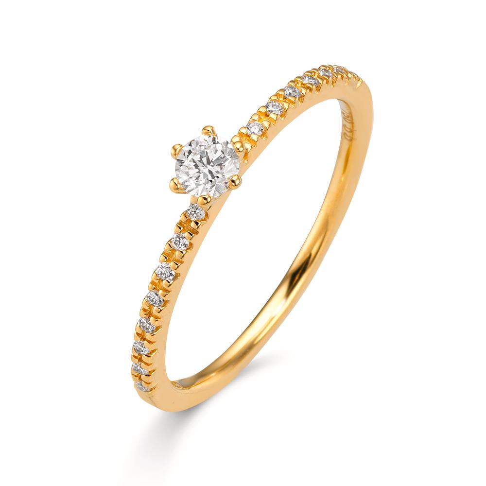 Solitär Ring 750/18 K Gelbgold Diamant 0.20 ct, 17 Steine, Brillantschliff, w-si