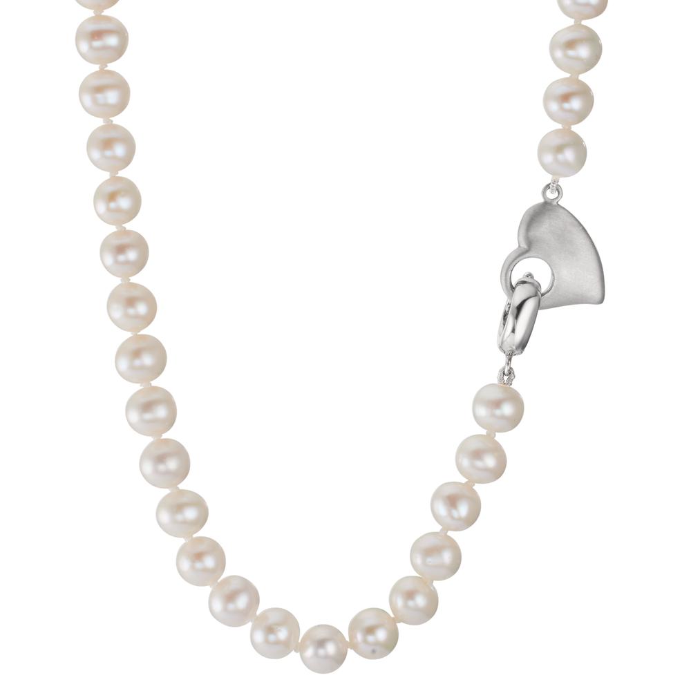 Collier Argent Rhodié perle d'eau douce 6-7 mm Coeur 45 cm