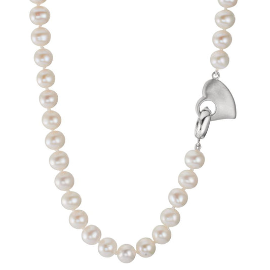 Collier Argent Rhodié perle d'eau douce 6-7 mm Coeur 45 cm