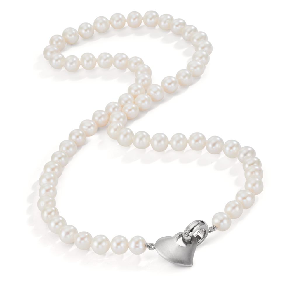 Collier Argent Rhodié perle d'eau douce 6-7 mm Coeur 45 cm