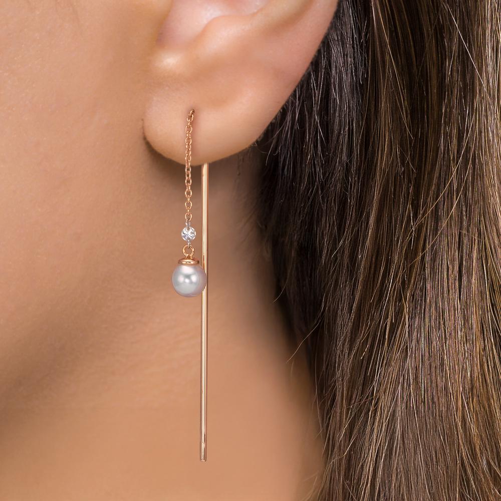 Boucles d'oreilles pendantes Or rouge 18K Diamant 0.06 ct, 3 Pierres, tw-si perle Akoya, 2 Perles, 4.5 mm