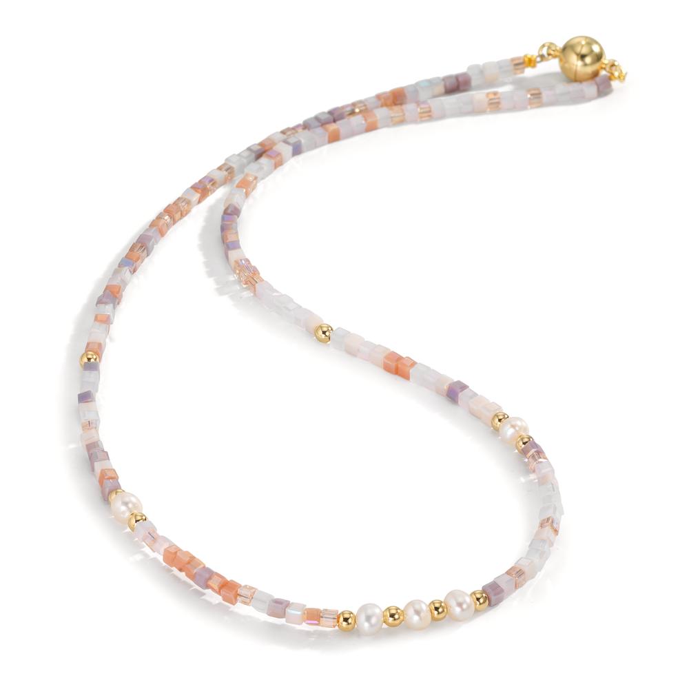 Collier Acier inoxydable Cristal rose jaune PVD perle d'eau douce, 5 Perles 4-4.5 mm 43 cm