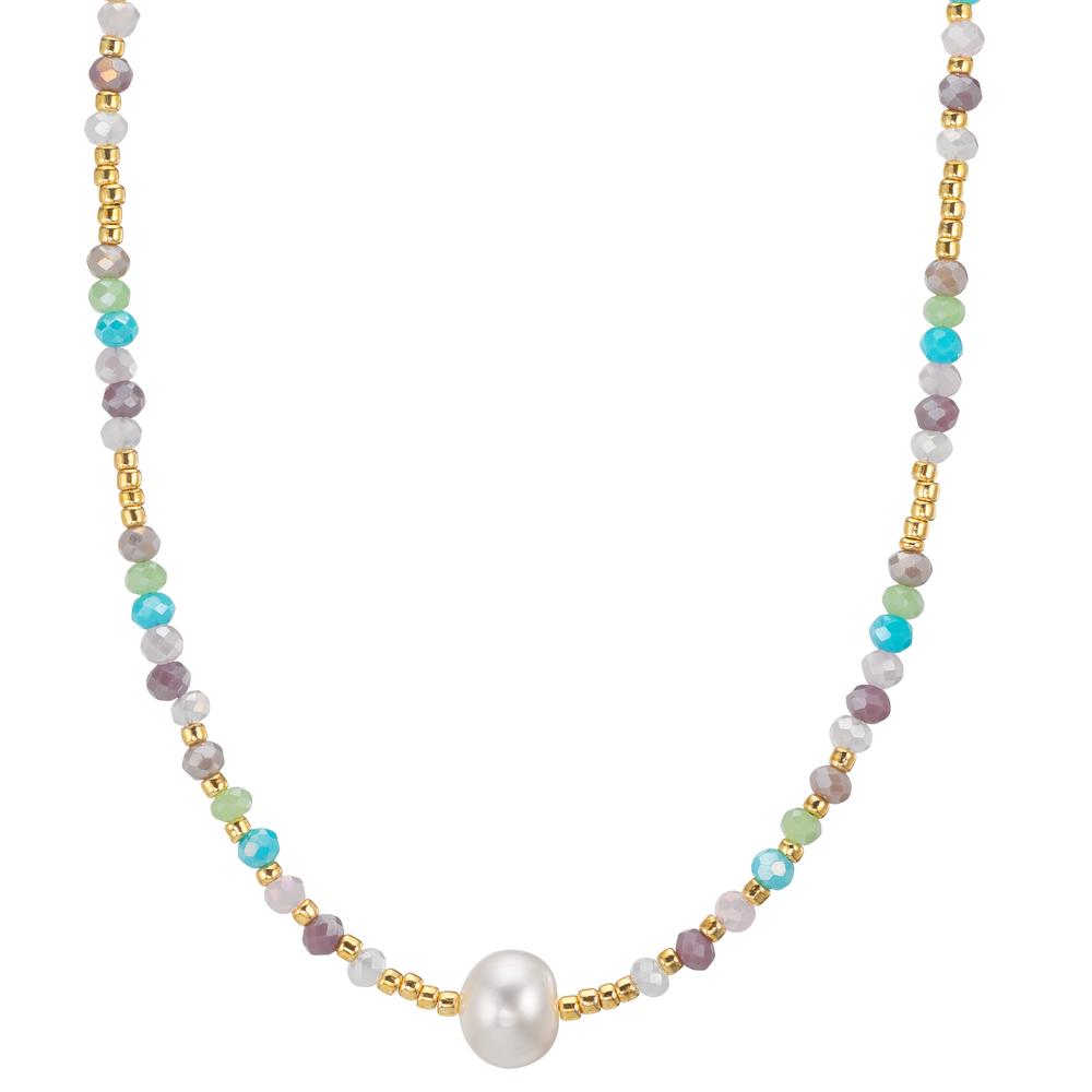 Collier Acier inoxydable Cristal multicolore jaune PVD perle d'eau douce, 8 mm 42 cm