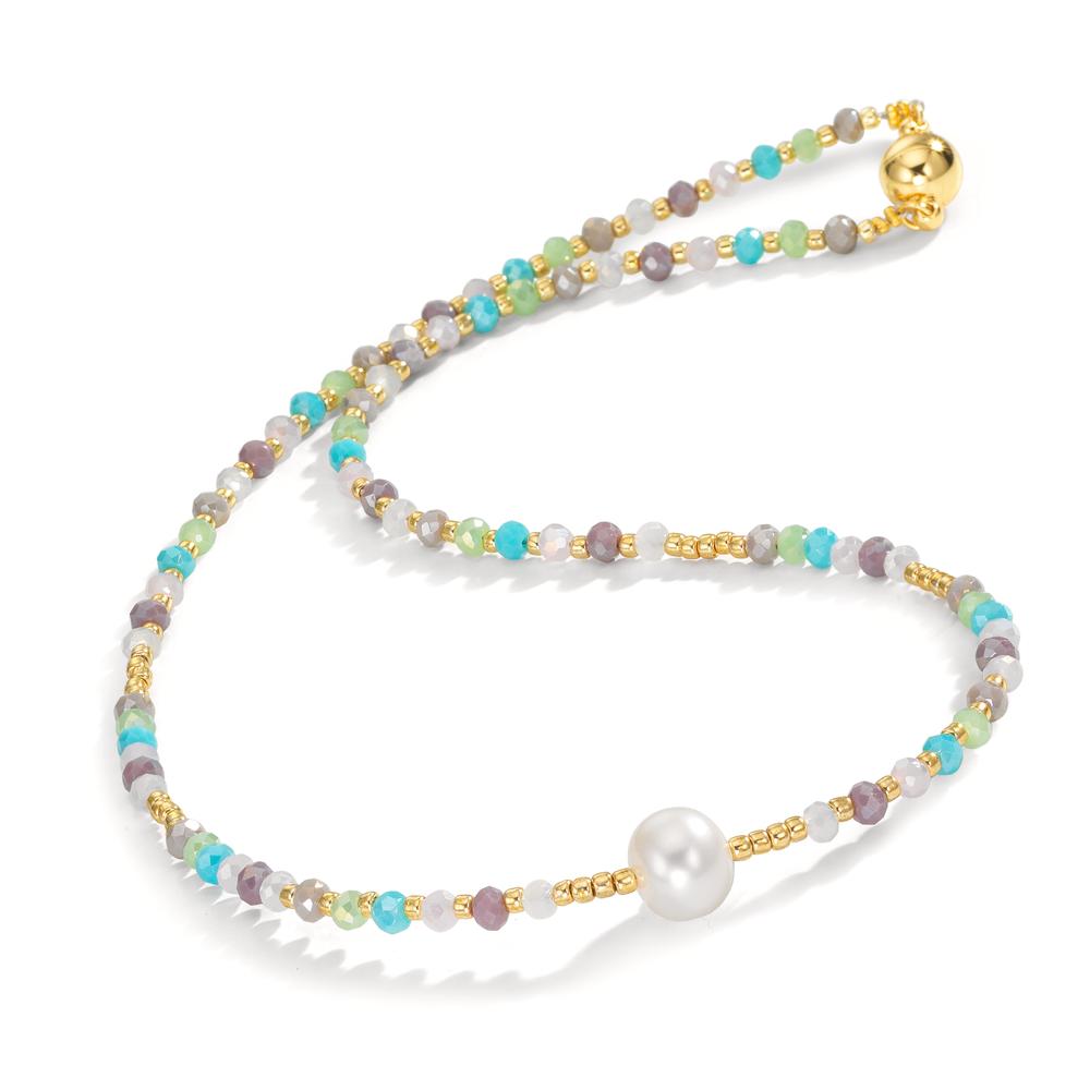 Collier Acier inoxydable Cristal multicolore jaune PVD perle d'eau douce, 8 mm 42 cm