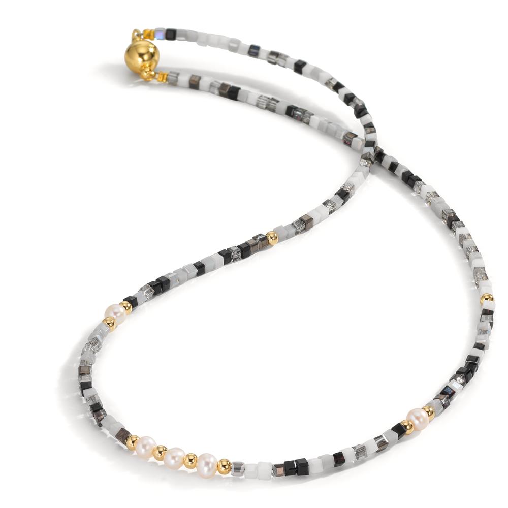 Collier Acier inoxydable Cristal jaune PVD perle d'eau douce, 5 Perles, 4.5 mm 43 cm
