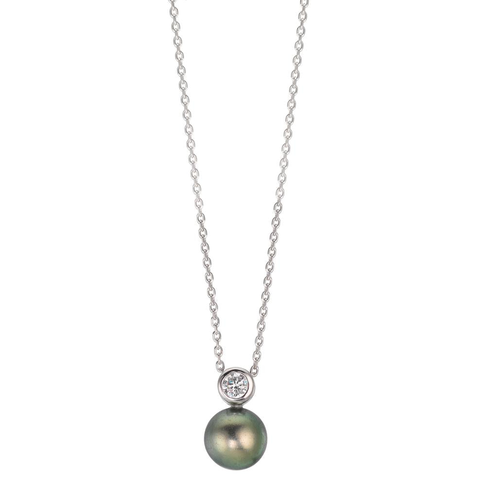Collier Argent Zircone Rhodié perle de Tahiti 8-9 mm 45 cm