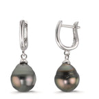 Créoles à charnières Argent Rhodié perle de Tahiti, 2 Perles 9-10 mm