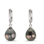 Créoles à charnières Argent Rhodié perle de Tahiti, 2 Perles 9-10 mm
