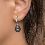 Créoles à charnières Argent Rhodié perle de Tahiti, 2 Perles 9-10 mm