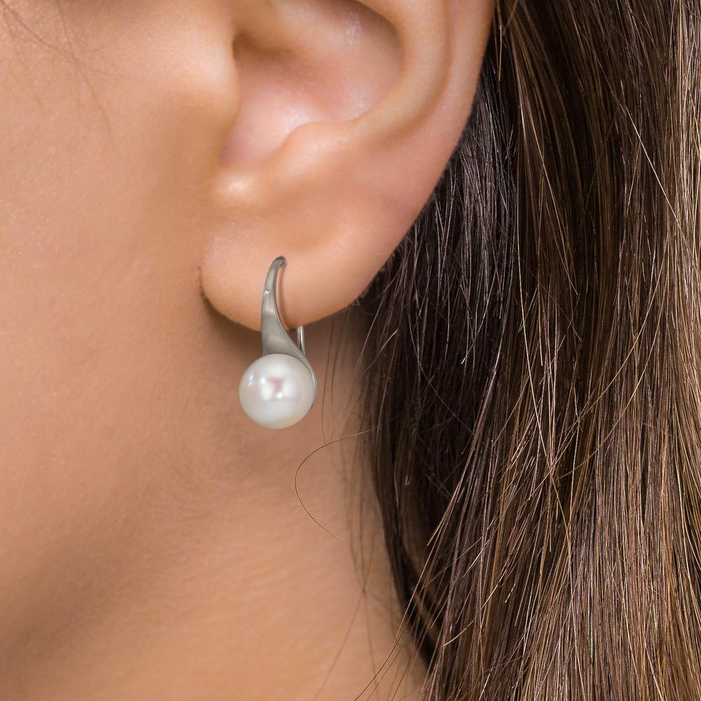 Pendant d'oreilles Argent Rhodié perle d'eau douce, 2 Perles, 8 mm