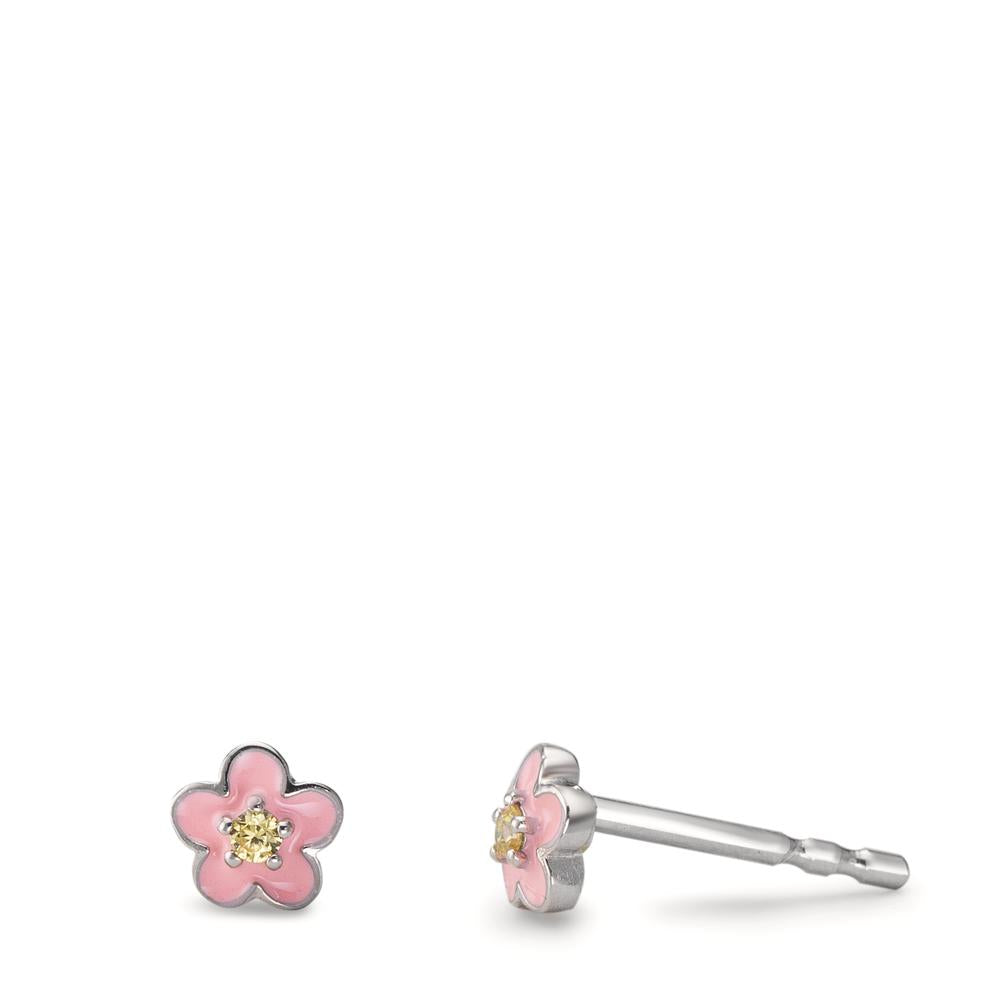 Ohrstecker Silber Zirkonia gelb, 2 Steine rhodiniert Blume Ø4.5 mm