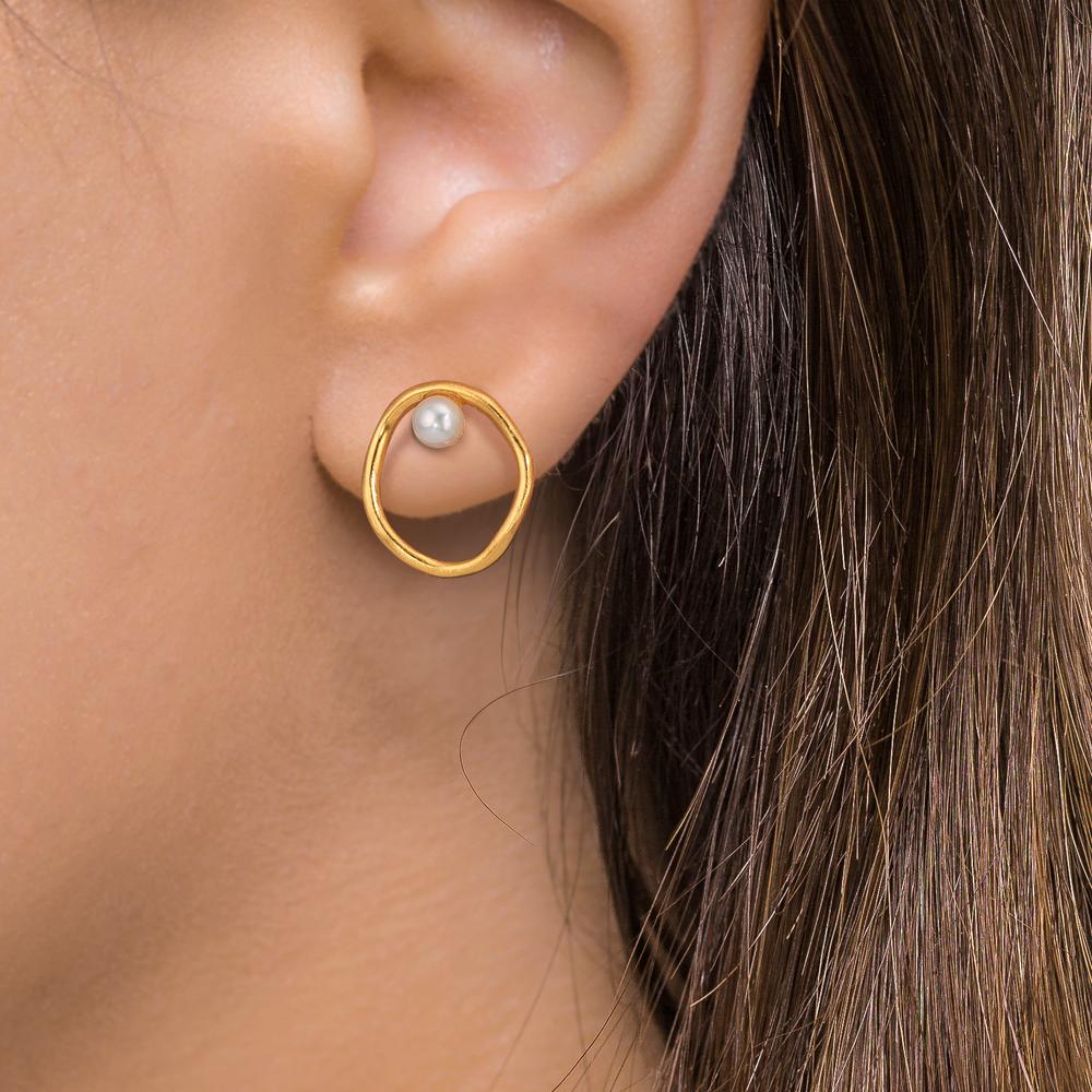 Clous d'oreilles Argent jaune Plaqué or perle d'eau douce blanc, 2 Perles, 3 mm Ø11 mm