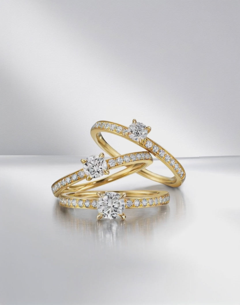 Solitär Ring 750/18 K Gelbgold Diamant 0.34 ct, 17 Steine, w-si