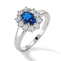 Fingerring Silber Zirkonia blau, oval, Zirkonia weiss, 10 Steine rhodiniert-366036