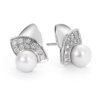 Clous d'oreilles Or blanc 750/18 K Diamant 0.30 ct, 18 Pierres, w-si perle d'eau douce-520398