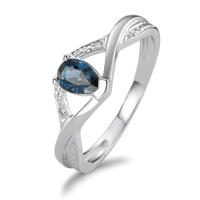Bague Or blanc 750/18 K Saphir bleu, goutte, Diamant 0.01 ct, 2 Pierres-557988