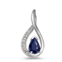 Pendentif Or blanc 750/18 K Saphir bleu, goutte, Diamant 0.01 ct, 2 Pierres-557989