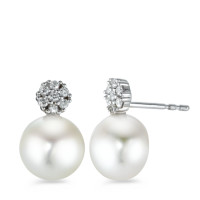 Clous d'oreilles Or blanc 750/18 K Diamant 0.14 ct, 14 Pierres, brillant, w-si perle d'eau douce-573395