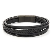 Bracelet Cuir artificiel, Acier inoxydable noir PVD 21-22 cm-598373
