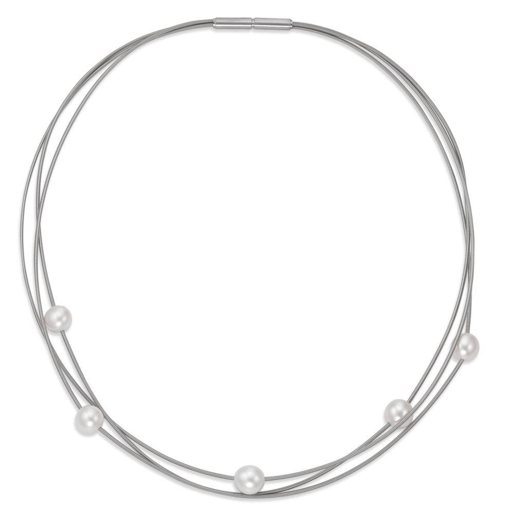 Image of Edelstahl Spiral Collier 3-reihig mit 5 weißen Zuchtperlen und Bajonettverschluß