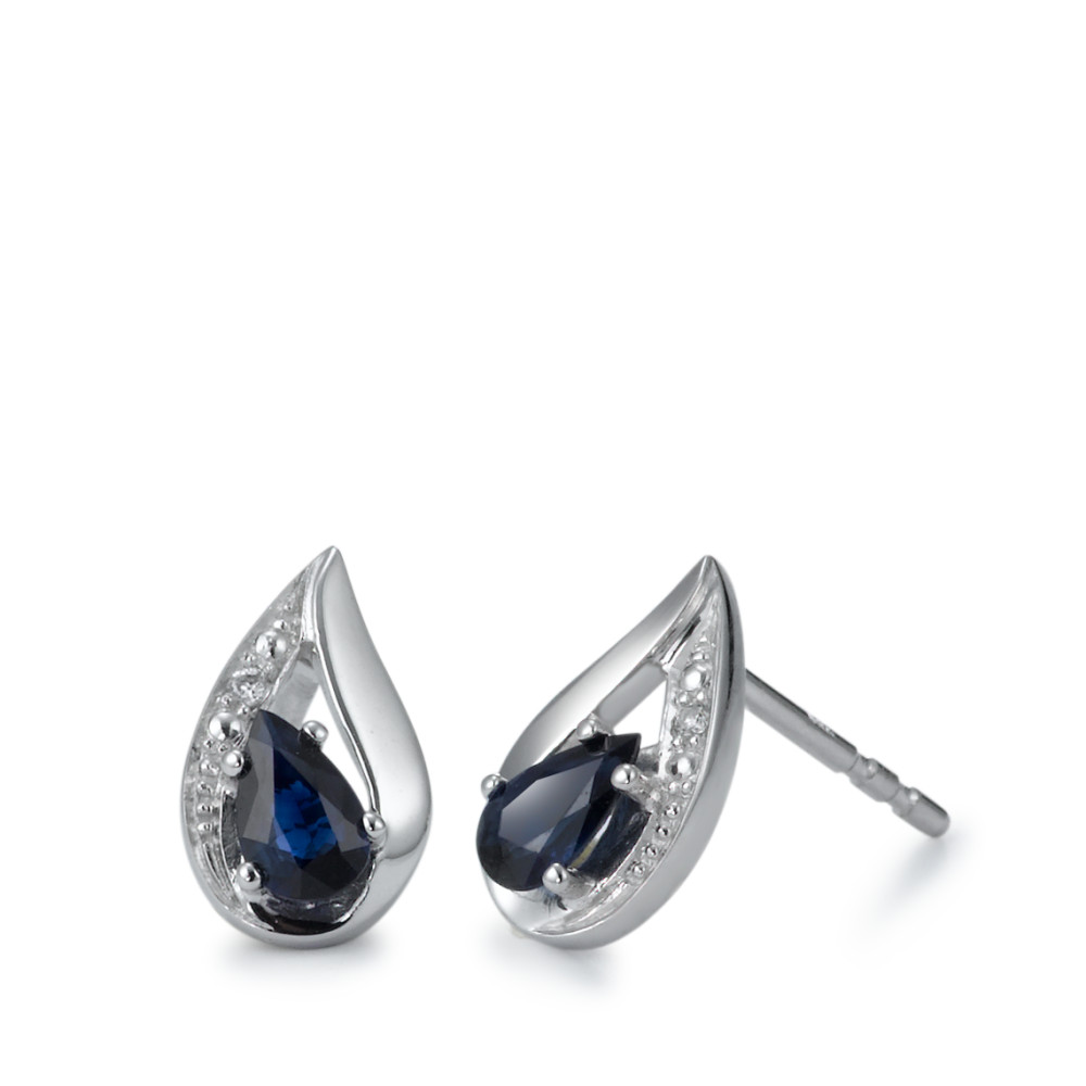 Clous d'oreilles Or blanc 750/18 K Saphir bleu, 2 Pierres, goutte, Diamant blanc, 0.01 ct, w-pi1-557987