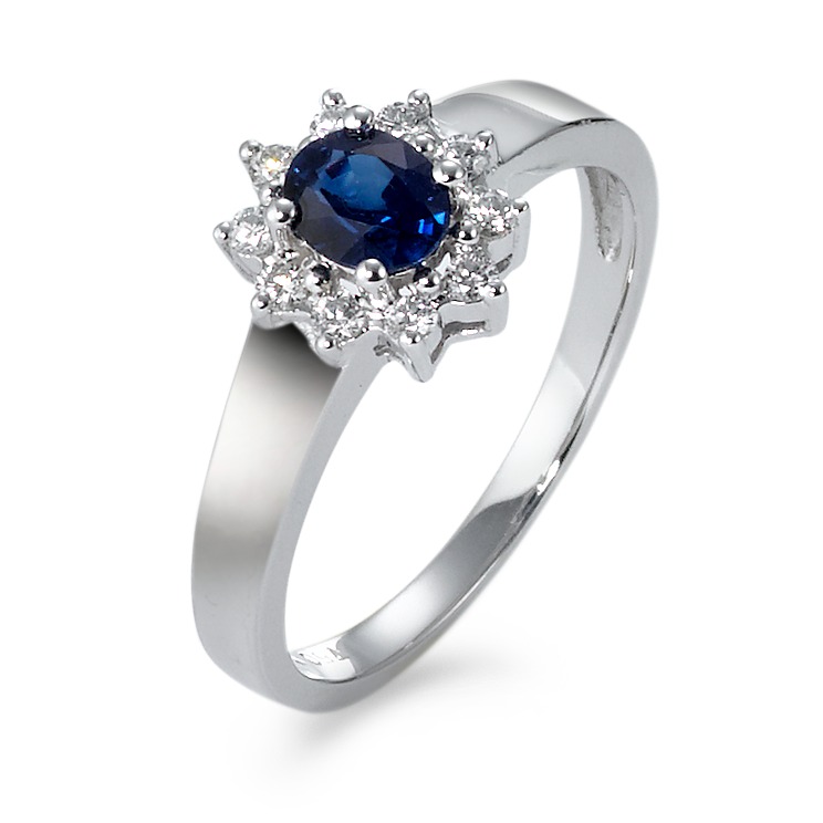 Fingerring 750/18 K Weissgold Saphir blau, oval, Diamant weiss, 0.14 ct, 10 Steine, w-si-570700