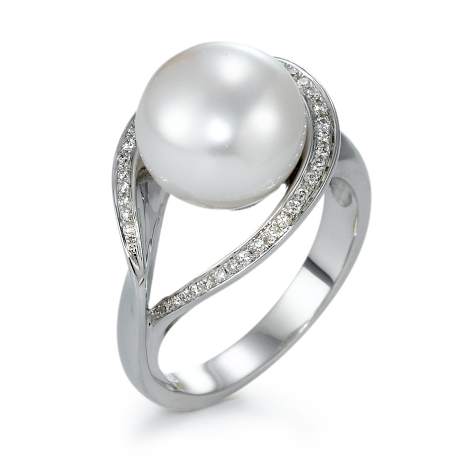 Bague Or blanc 750/18 K Diamant 0.13 ct, 40 Pierres, w-si perle d'eau douce-570857