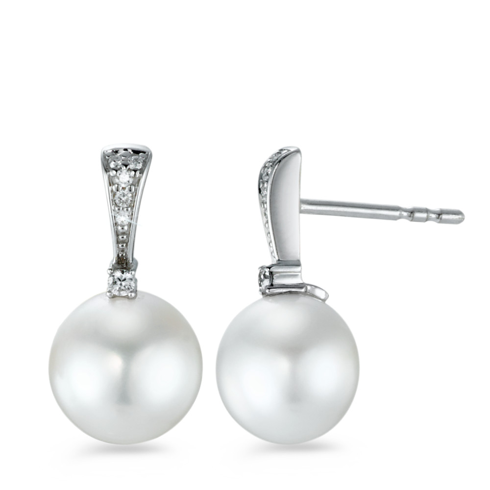 Clous d'oreilles Or blanc 750/18 K Diamant 0.07 ct, 12 Pierres, brillant, w-si perle d'eau douce-573353