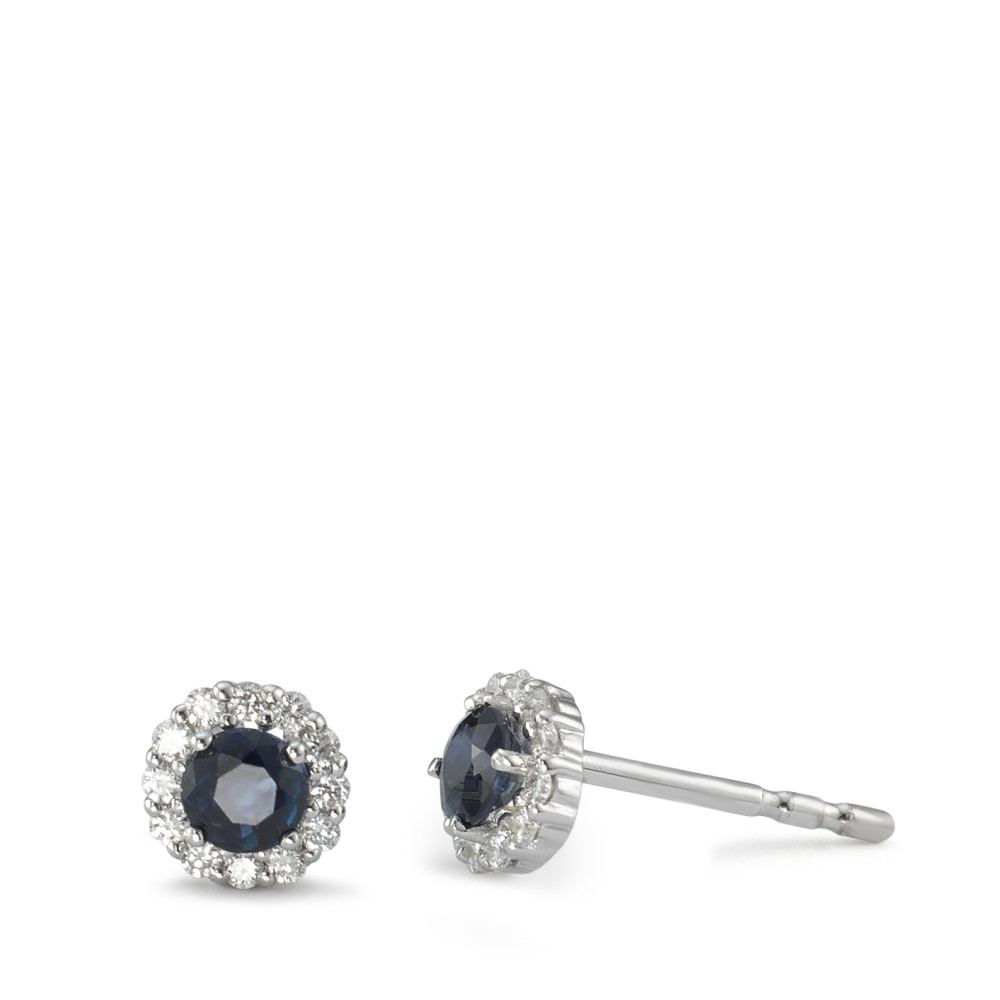 Clous d'oreilles Or blanc 750/18 K Saphir bleu, 2 Pierres, Diamant 0.12 ct, 24 Pierres, w-si Ø5 mm-590842